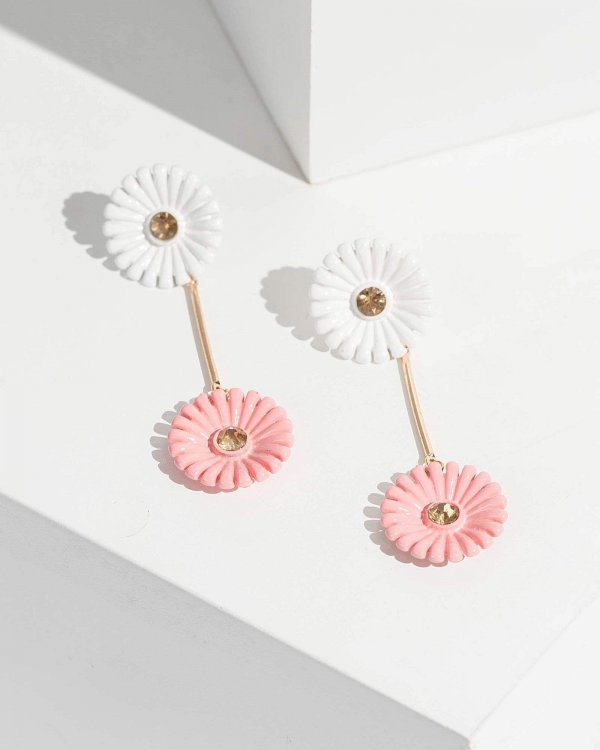 Gold Double Daisy Bar Drop Earrings