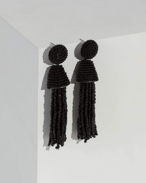 Black Solid Beaded Detail Tassel Drop Earrings