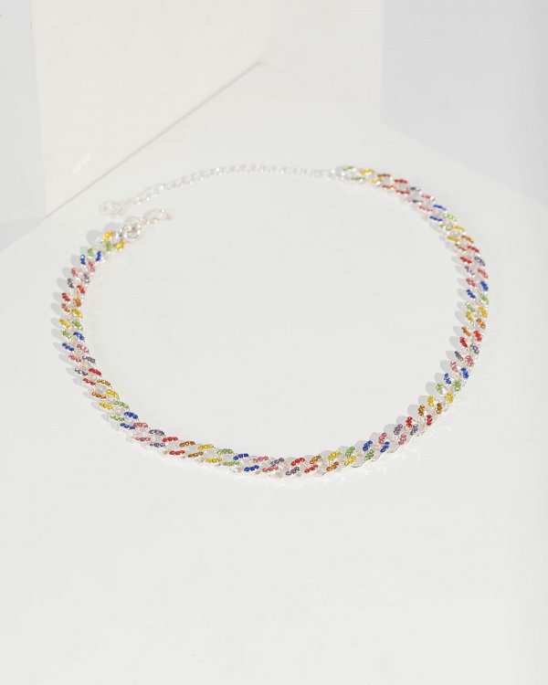 Multi Colour Crystal Detail Linked Chain Necklace