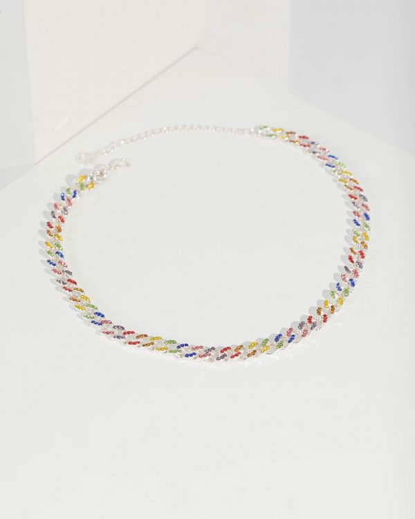 Multi Colour Crystal Detail Linked Chain Necklace