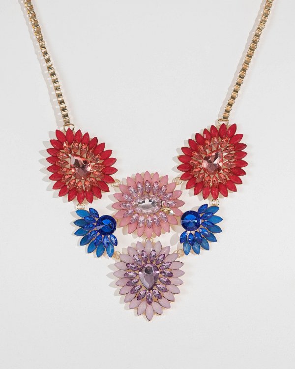 Multi Colour Large Crystal Flowers Statement Necklace