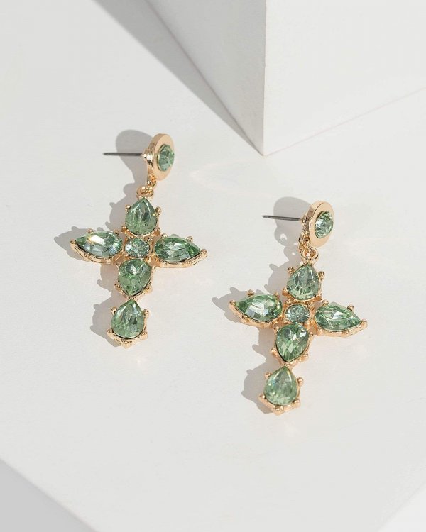 Green Crystal Cross Drop Earrings