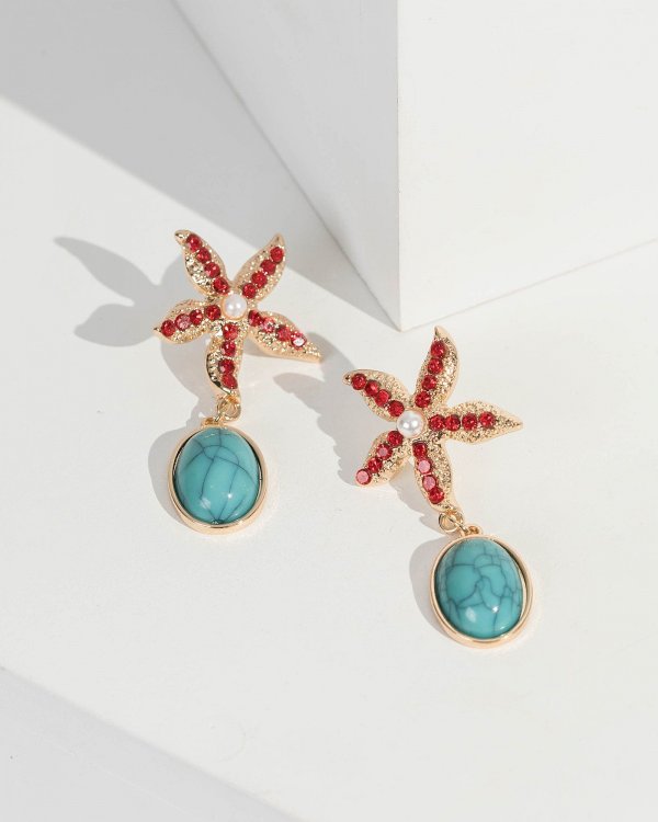 Gold Crystal And Pearl Starfish Detail Earrings