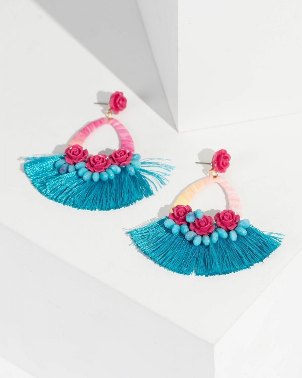 Multi Colour Flower Fan Tassel Drop Earrings