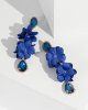 Navy Blue Double Flower And Crystal Drop Earrings